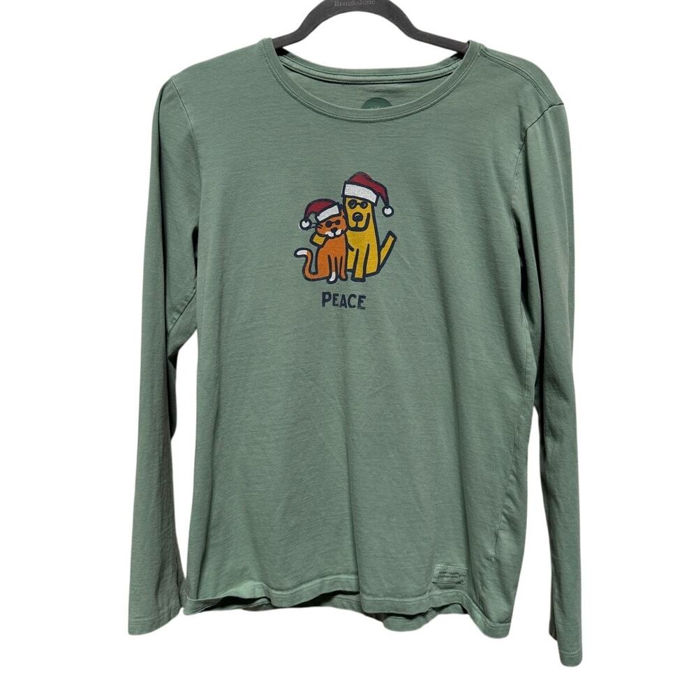 Life is Good Crusher Tee Women's Medium Peace Cat Dog Santa Hat Christmas Green - Picture 2 of 6